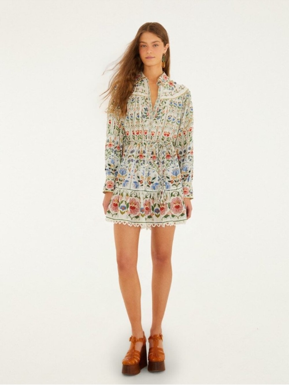FARM Rio Stitched Garden Off-white Long Sleeve Mini Dress Size S Small NWT - Picture 2 of 7